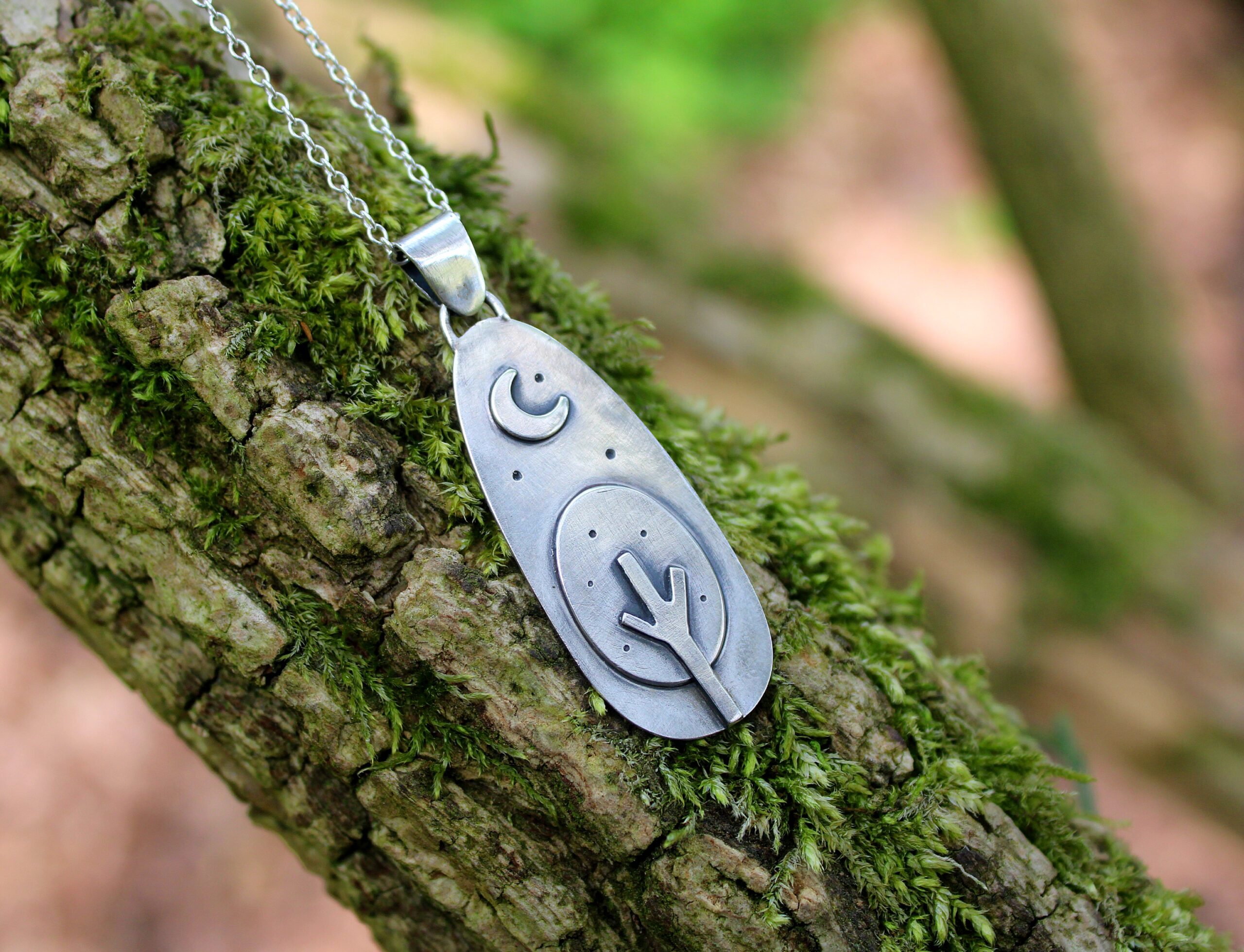 Sterling Silver Tree and Moon Necklace